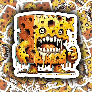 CHEESE MONSTER Vinyl Sticker for Laptop Water Bottle Skateboard Journal Quirky Gift for Art Lovers Weirdos Hybrid Monsters