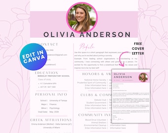 Op de afbeelding: Een roze en witte cv-sjabloon met een bloemenontwerp. De cv is voor Olivia Anderson en bevat secties voor contactgegevens, opleiding, persoonlijke informatie, onderscheidingen en prijzen, clubs en maatschappelijke betrokkenheid, en Griekse affiliaties. De sjabloon bevat ook een gratis sollicitatiebrief.