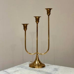 Vintage Solid Brass 3-Arm 14&quot; Tall Candelabra, Staggered Height Candlesticks, Candle Holders for Standard Taper Candles
