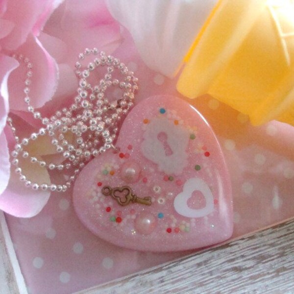 Pink Glitter Key To My Heart Necklace