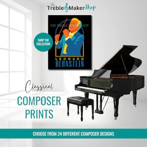 May include: A black grand piano with a matching bench sits next to a wall featuring a poster of Leonard Bernstein. The poster is part of a collection of classical composer prints. The text "Shop the Collection" is visible.
