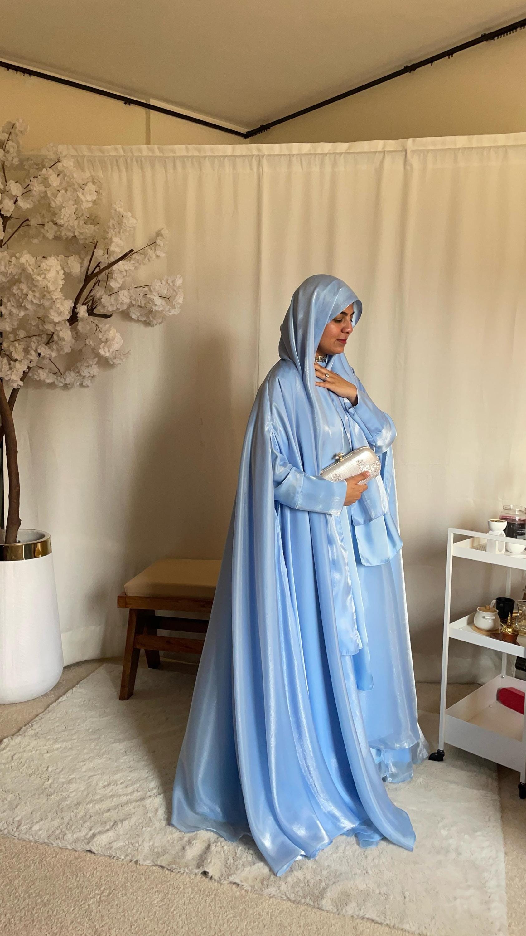 Ice Blue Metallic Silk Abaya: 3 Piece Modern Muslim Modest Dress