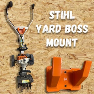 May include: An orange and white STIHL Yard Boss with a matching orange mount. The Yard Boss has a black handle and wheels. The text "STIHL YARD BOSS MOUNT" is displayed in white.