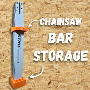 May include: A chainsaw bar storage unit in orange, holding a light blue chainsaw bar. The text "CHAINSAW BAR STORAGE" is displayed in white. The chainsaw bar is branded with the name "STIHL".
