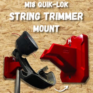May include: Red and black string trimmer mount with the text "M18 QUIK-LOK STRING TRIMMER MOUNT". The mount is designed to hold a string trimmer. The image shows the mount and a string trimmer head.