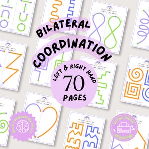 May include: A collection of 70 pages of bilateral coordination worksheets featuring colorful line tracing exercises for left and right hands. The pages include various shapes like loops, zigzags, and spirals, with text labels such as Bilateral Coordination.