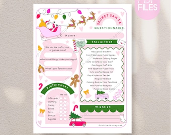 Secret Santa Questionnaire for Kids, Christmas Wish List Printable, Holiday Wishlist, Pink christmas