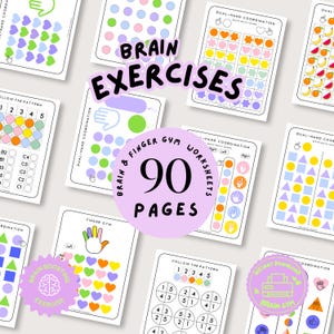 Puede incluir: Una colección de 90 páginas de hojas de trabajo de gimnasia cerebral y de dedos con patrones coloridos, formas y ejercicios de coordinación manual. Las páginas incluyen texto como BRAIN EXERCISES, 90 PAGES y FOLLOW THE PATTERN.