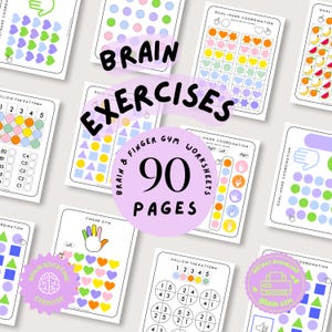 May include: A collection of 90 pages of brain and finger gym worksheets featuring colorful patterns, shapes, fruits, and hand coordination exercises. The pages include text such as BRAIN EXERCISES, 90 PAGES, DUAL-HAND COORDINATION, and FOLLOW THE PATTERN.