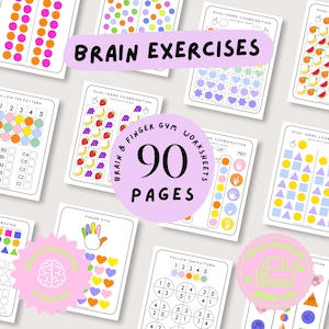 Puede incluir: Un conjunto de 90 páginas de ejercicios cerebrales. Las hojas de trabajo presentan patrones coloridos, formas e ilustraciones de frutas. El texto de la imagen dice "Brain Exercises" y "Brain & Finger Gym Worksheets".