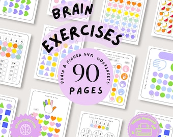 May include: A collection of 90 printable brain and finger gym exercise worksheets featuring colorful patterns, shapes, and hand coordination activities. The pages include text such as Brain Exercises, 90 Pages, Brain & Finger Gym Worksheets, and Follow the Pattern.