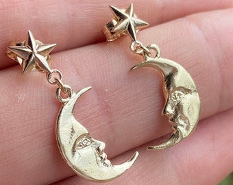 Solid Gold Star Studs with Dangling La Luna Moon