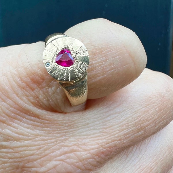 Solid 14 carat gold and ruby engraved pinky signet ring