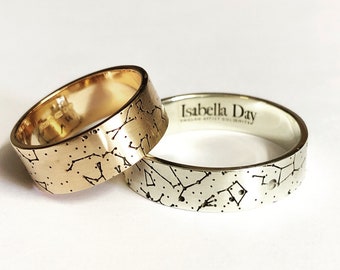 Solid Gold Star Map Wedding Bands - Solid Gold Celestial Rings