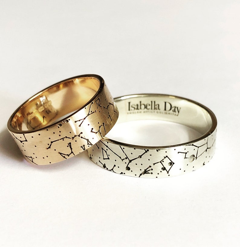 Solid Gold Star Map Wedding Bands Solid Gold Celestial Rings image 1