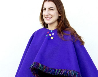 Purple Felt Poncho Multicolor Fringe Trim Colorful Button Detail Gift for Her Tribal Purple Wrap Cropped Style Fast Free Ship One Size
