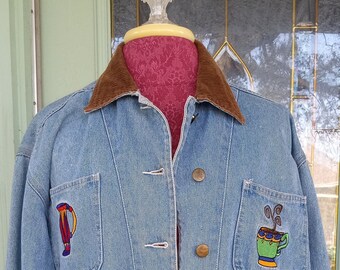 Vintage Jean Jacket Denim Jacket COFFEE CUPS Colombian Coffee Jacket Adorable OOAK Small Medium Great Shape