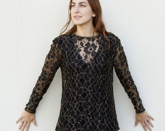 Date Night Sexy Black Lace Top Vintage Black and Gold Lace Top Long Sleeves 1980 Sheer Designer Carlisle  Pristine Free Ship