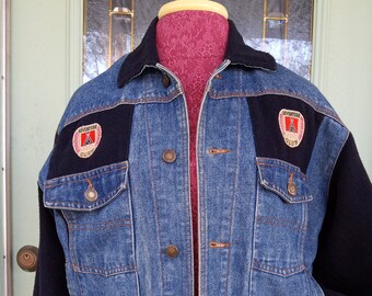 Vintage Jean Jacket Denim Jacket ADVENTURE CLUB Sports Club Biker Jacket Black Sleeves