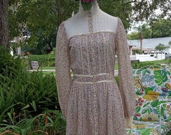 GUNNE SAX by Jessica McClintock Easter Spring Sheer Dress Size 9 Small Vintage High Neck Pink Floral Lace Prairie Wedding Cottage core