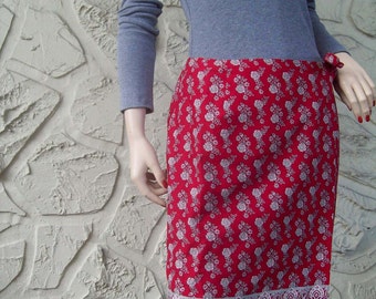 Vintage Red Skirt Floral Print Border Wrap Skirt - Size Medium Size 8 - Red Floral Design FREE USA SHIP