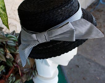 Vintage Black Straw Hat with Striped Side Bow - Vintage Black Hat Straw Hat Ticking Stripe Bow Sailing Yachting Horse Races Winter to Spring