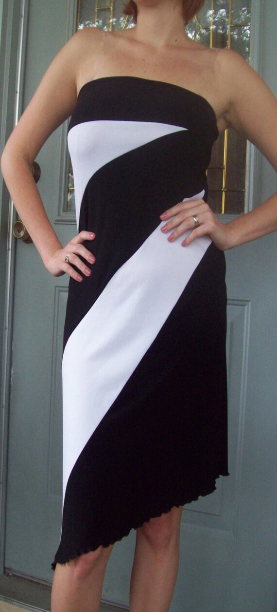 Vintage 80s Black and White Strapless Dress Stret… - image 4