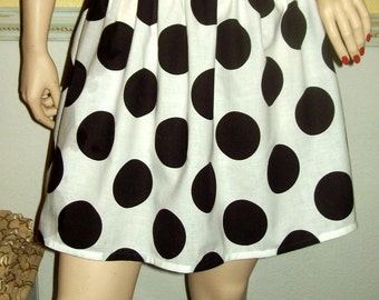 White with Big Black Polka Dots - Short Gathered Skirt with contrast waistband - Polka Dot Skirt - Many Color Options - Free USA Ship