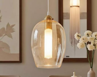 Modern Hand Blown Glass Pendant Light, Minimalist Amber Hanging Lamp, Luxury Kitchen Island Chandelier, Scandinavian Ceiling Lighting