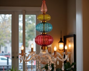 Colorful Murano Style Chandelier, Hand Blown Glass Pendant Light, Luxury Rainbow Glass Ceiling Lamp, Artistic Modern Lighting