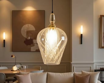 Lampa wisząca z trawionego szkła, nowoczesna, przezroczysta, szklana lampa sufitowa do jadalni, unikatowe oświetlenie wiszące nad wyspą kuchenną, ręcznie robiona lampa wisząca