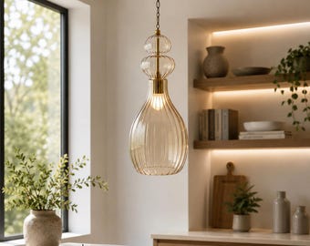 Hand Blown Glass Pendant Light, Ribbed Glass Hanging Lamp, Modern Brass Pendant Lighting, Luxury Kitchen Island Light, Statement Lighting