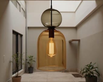Amber & Olive Glass Pendant Light, Hand Blown Glass Hanging Lamp, Scandinavian Ceiling Light, Modern Organic Lighting