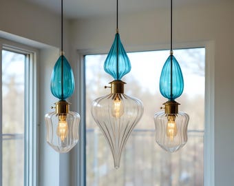 Set of 3 Hand Blown Glass Pendant Lights, Modern Blue Murano Style Lighting, Luxury Kitchen Island Hanging Lamps, Sculptural Glass Decor