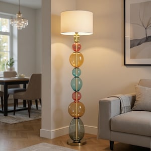 Lámpara de pie de vidrio soplado a mano, iluminación, pieza de iluminación destacada, diseño único, estética moderna, esfera colorida