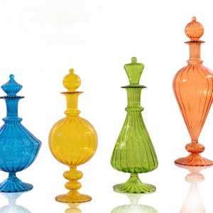 Hand Painted Glass Decanter Set of 4: Artisan Blown Fragrance Decanters