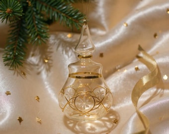 Handmade blown glass Christmas ornament with 14k gold paint unique collectible glass bauble holiday tree decoration elegant hanging ornament