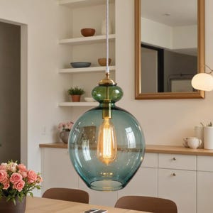 Blue Glass Pendant Light Hand Blown Globe Ceiling Lamp For Kitchen Island or Dining Handmade Hanging Light Customizable Chandelier