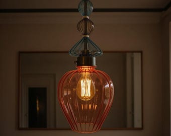 Ribbed Glass Pendant Light Customizable Modern Hanging Lamp for Living Room or Dinning Handmade Ceiling Light Fixture Hand Blown Chandelier
