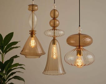 Zestaw 3 lamp wiszących z dmuchanego szkła, nowoczesne lampy wiszące o rzeźbionym kształcie, luksusowe oświetlenie wyspy kuchennej, artystyczne szklane lampy sufitowe