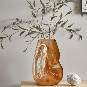 Jarrón de miel, jarrón artístico de vidrio soplado, vidrio hecho a mano, centro de mesa o arreglo floral minimalista para bodas, regalo único de decoración del hogar para mujeres, jarrón