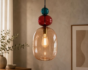 Hand Blown Glass Pendant Light, Colorful Stacked Glass Ceiling Lamp, Modern Kitchen Island Lighting, Scandinavian Hanging Light