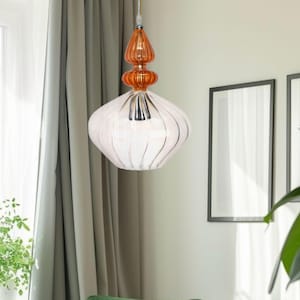Blown Glass Pendant Light - Handcrafted Amber & Clear Glass Chandelier - Modern Ceiling Lamp - Lighting Fixture for Dining or Living Room