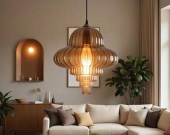 Lustre grande de vidro canelado, luminária pendente âmbar soprado à mão, luminária de teto moderna e marcante, iluminação de luxo para sala de estar e jantar.