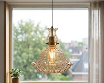 Vintage Ribbed Glass Pendant Light, Hand Blown Chandelier, Modern Farmhouse Hanging Lamp, Luxury Kitchen Island Ceiling Lighting
