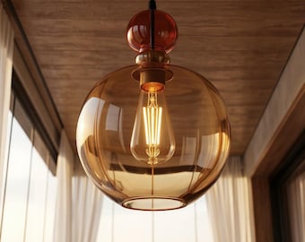 Hanglamp bol met gerookt glas, moderne kroonluchter uit het midden van de eeuw, luxe amberkleurige hanglamp, retro-designerplafondverlichting