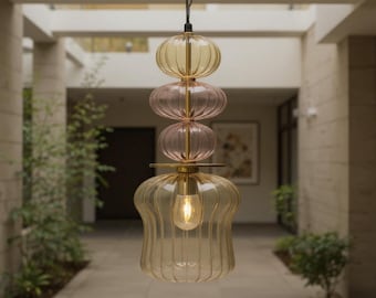 Moderne mundgeblasene Glas Pendelleuchte, skulpturale gerippte Hängelampe, Luxus Art Deco Deckenleuchte, Kücheninsel Beleuchtung