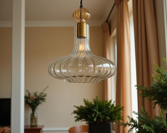 Ribbed Clear Pendant Lamp Hand Blown Glass Ceiling Light Fixture for Kitchen Island or Dining Table Customizable Modern Hanging Lamp