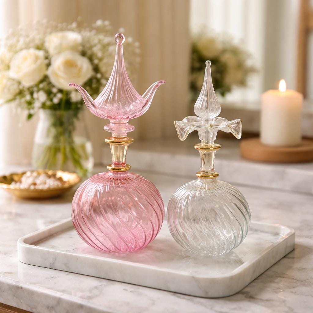 Set of 2 Hand Blown Glass Perfume Bottles Luxury Vanity Decor Vintage Style Decorative Glass Bottles Elegant Gift for Her