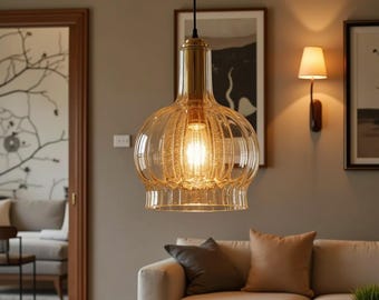 Vintage Ribbed Glass Pendant Light, Hand Blown Amber Hanging Lamp, Modern Farmhouse Chandelier, Luxury Kitchen Island Lighting